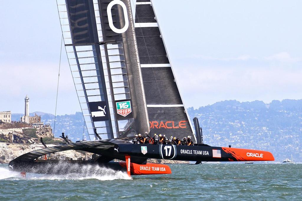 Oracle Team USA v Emirates Team New Zealand. America’s Cup Day 3, San Francisco. Oracle Team USA  sails fast on Leg 2 in Race 5 © Richard Gladwell www.photosport.co.nz